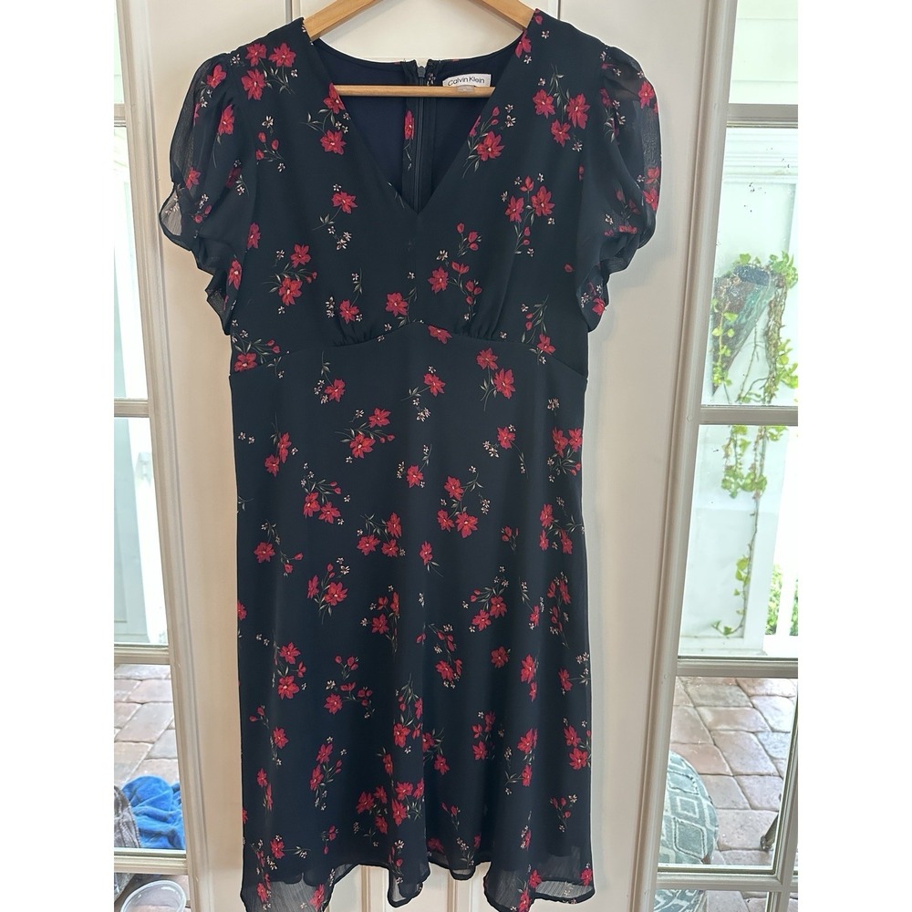 Calvin Klein Women's Short Sleeve Sz 10 Floral Printed Chiffon Fit & Flare Dress